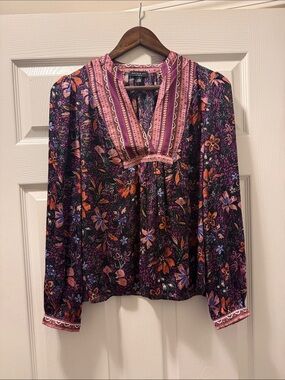 Current Air Floral V-Neck Peasant Blouse in Purple & Pink